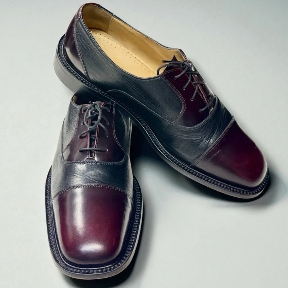 Barcelino Handmade Italian Leather Cap Toe Shoes Burgundy/Black |10M |Vero Cuoio